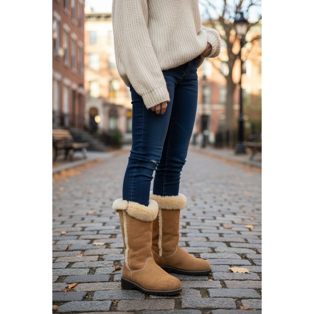 Cla Canadienne Womens Tan Suede Sheepskin Lined Boots Size 9.5 Warm Winter Cozy